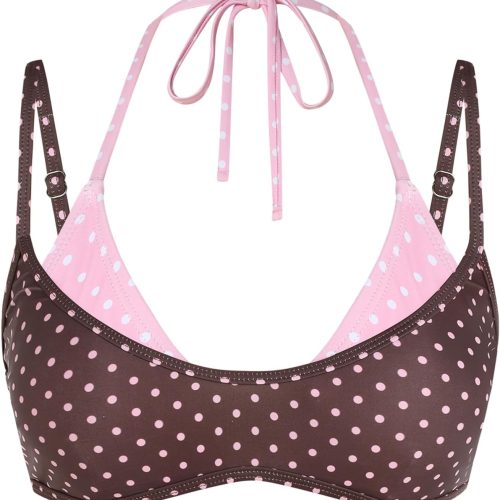 Women Polka Dot Bikini Tops Double Layer Halter Swimsuit Top Color Block Bathing Suit Top Only