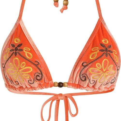 Women Halter Bikini Top Triangle Beaded Embroidered Boho Velvet Swimwear Swimsuit Bathing Suits Tops