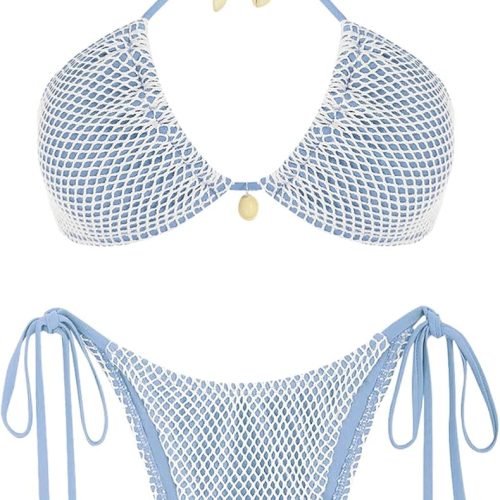 Women Triangle Bikini Multiway Fishnet Tie Side Bandeau Halter String Bikini Set Two Piece Swimsuit Bathing Suits