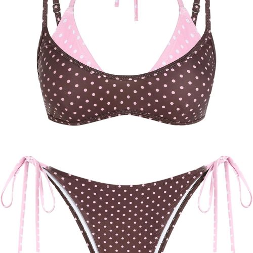 Women Polka Dot Bikini Set Double Layer Halter Swimsuit Colorblock Side Tie 2 Piece Bathing Suit