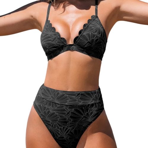 Bikini Set for Women Bathing Suit High Waisted Scalloped V Neck Two Pieces Swimsuit