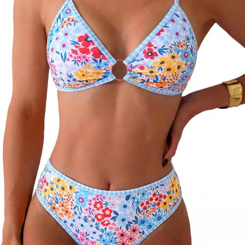 Women Two Piece Bikini Sets O Ring Front Top Ditsy Floral Triangle Swimsuits Cheeky Bathing Suit