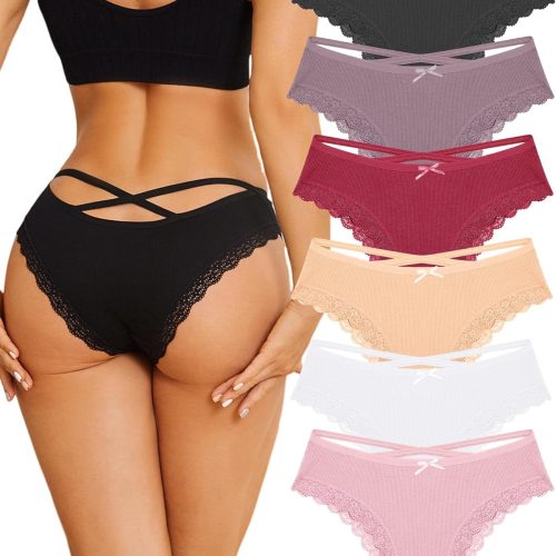 Women Cotton Underwear Sexy Criss Cross Lace Trim Low Rise Cheeky Bikini Panties